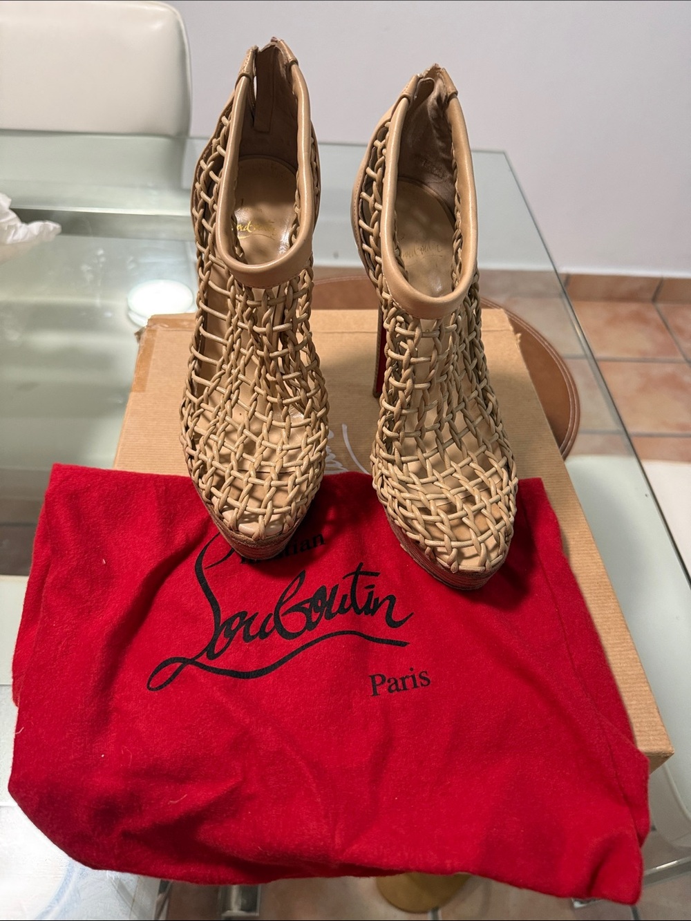 Christian Louboutin Tan Woven Peep-Toe Heeled Booties